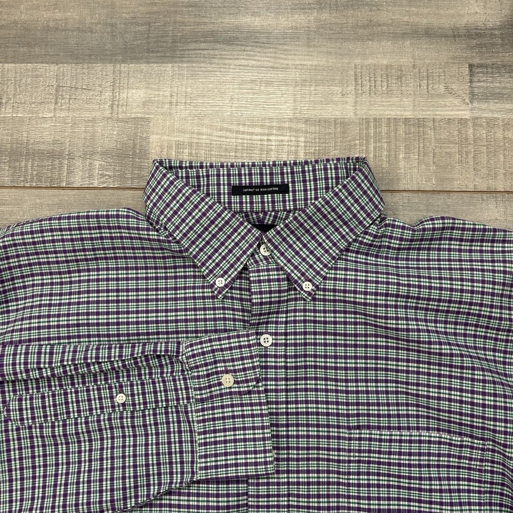 Lands End Supima No Iron Oxford Plaid Button Down Shirt Men's XL 17-17.5 Purple